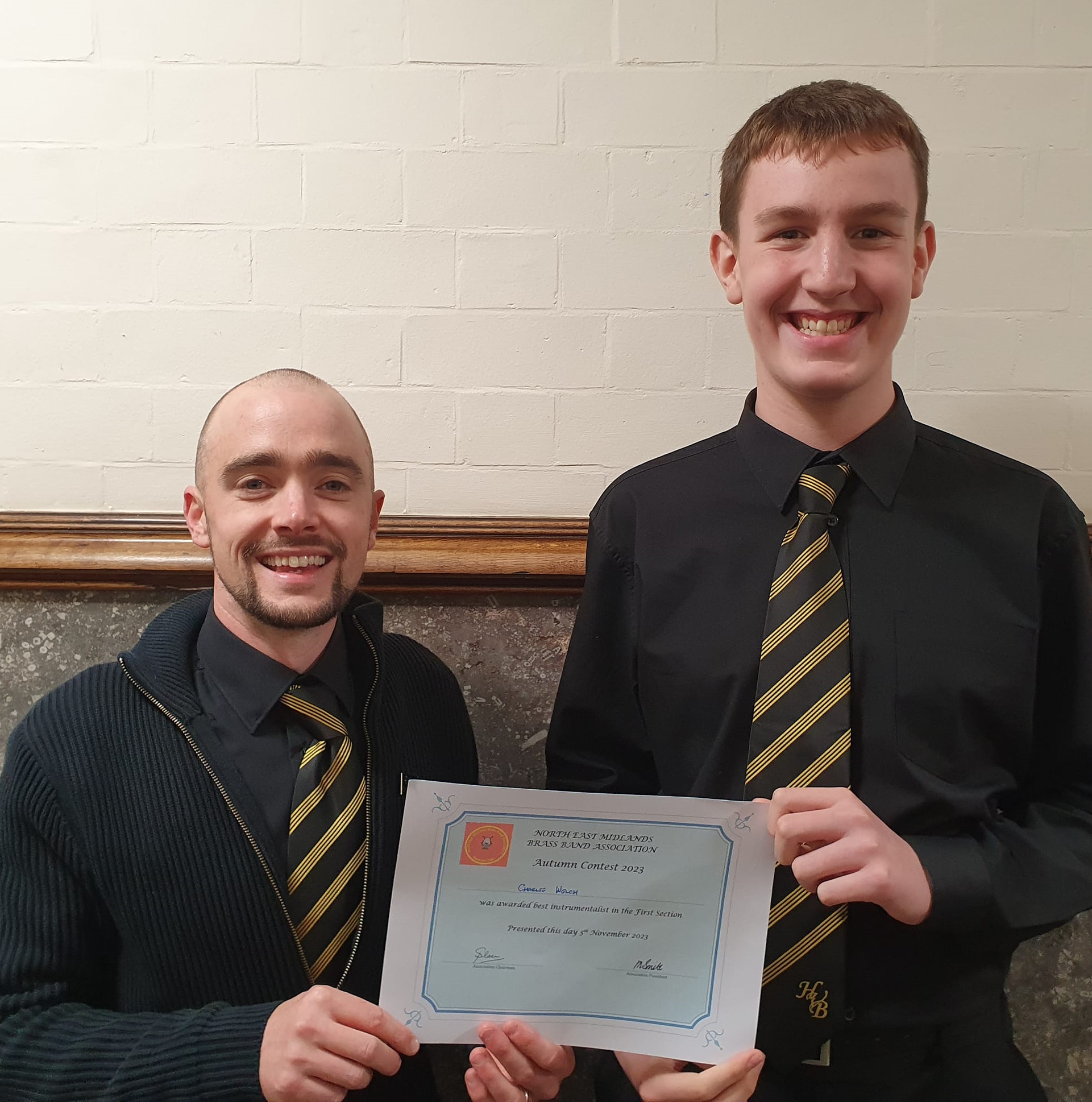 Charlie Welch and Will Lord with the first place certificate from NEMBBA contest